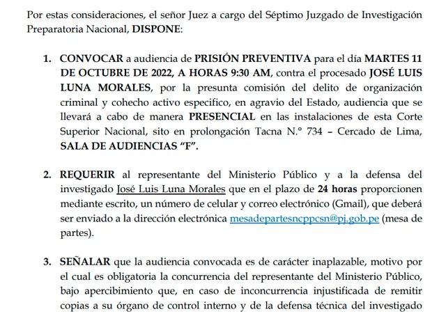 Convocan a audiencia de prisión preventiva contra José Luna Morales. Foto: documento