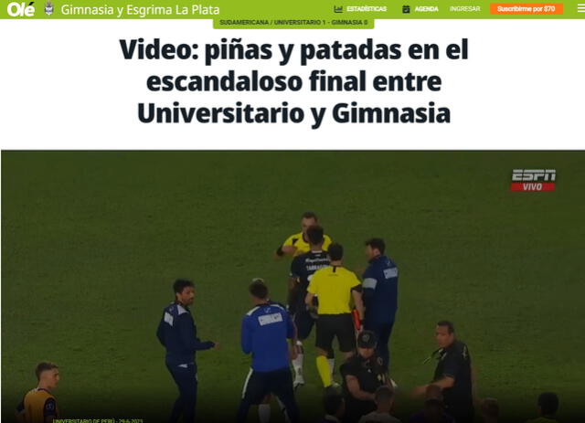  Olé destacó las "piñas y patadas" en el Universitario vs. Gimnasia. Foto: captura de pantalla   