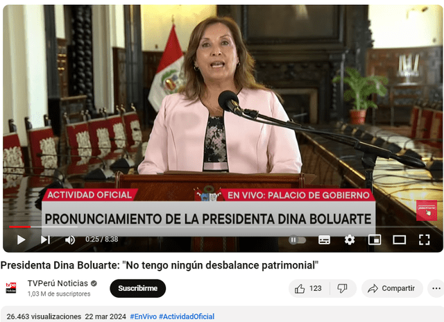  Video original de Dina Boluarte fue difundido el 22 de marzo del 2024 en Youtube. Foto: Youtube / TV Perú.    