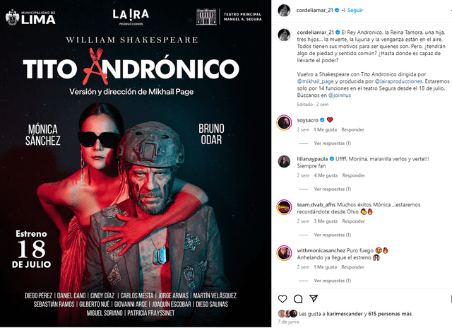 Mónica Sánchez regresa al teatro junto a Bruno Odar. Foto: Instagram/Mónica Sánchez   