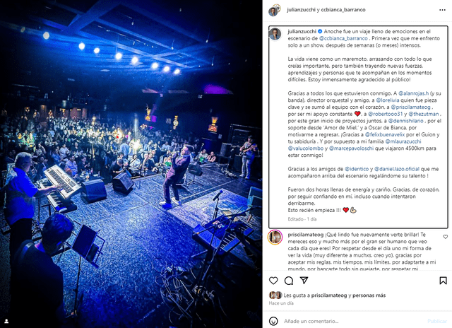  Julián Zucchi muestra agradecimiento en redes sociales por el lleno total de su show. Foto: Instagram    