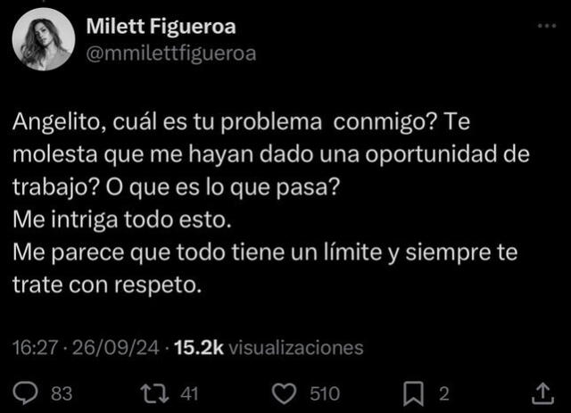  Milett Figueroa le responde a Ángel de Brito y defiende a su madre. Foto: X    