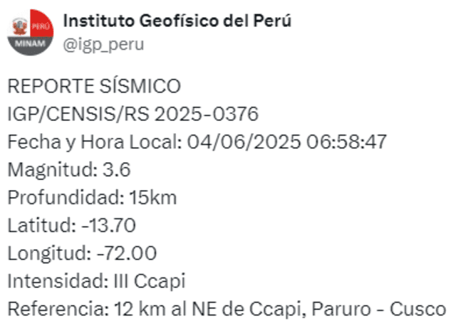 Temblor de 3,6 en Cusco. Foto: IGP Temblor de 3,6 en Cusco. Foto: IGP