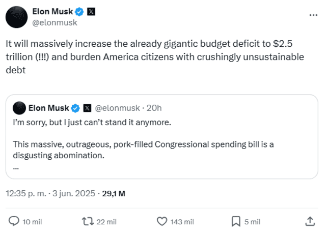 Elon Musk warns about the deficit Trump's bill would cause. Photo: @elonmusk/X Elon Musk warns about the deficit Trump's bill would cause. Photo: @elonmusk/X