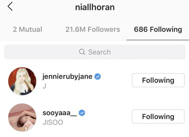 Niall Horan es seguidor de la cuenta de Instagram de Jennie de BLACKPINK.