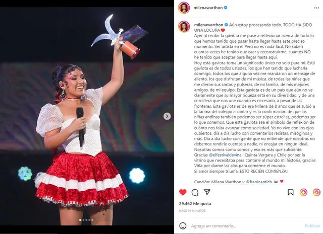  Milena Warthon manda emotivo mensaje tras haber ganado el Festival de Viña del Mar. Foto: Milena Warthon/Instagram   