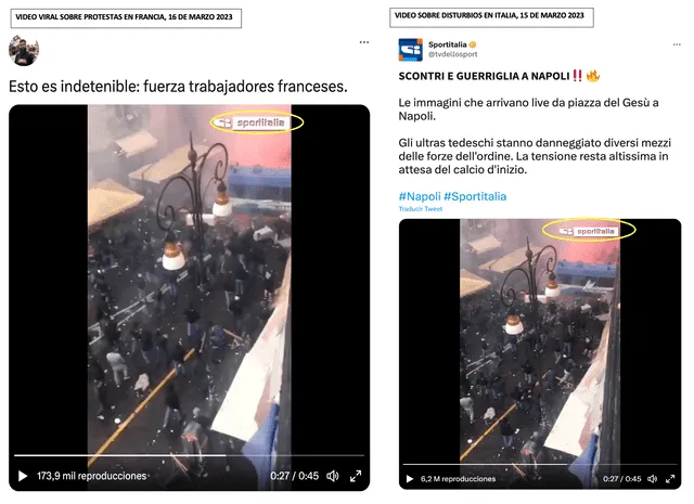 Video viral en redes sociales sobre protestas contra la reforma de pensiones en Francia (izquierda) y video sobre enfrentamiento luego de un encuentro deportivo en Italia (derecha). Foto: composición LR/Twitter.   