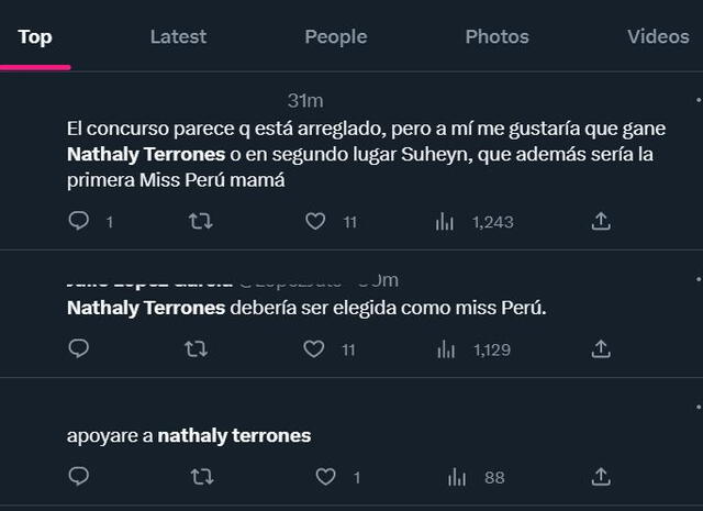  Usuarios manifiestan que Nathaly Terrones debió ganar el Miss Perú 2023. Foto: Twitter   