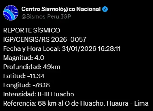 Sismo de magnitud 4,0 se sintió hoy en Lima. Foto: IGP Sismo de magnitud 4,0 se sintió hoy en Lima. Foto: IGP