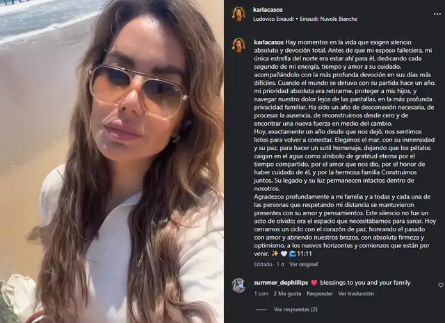 Karla Casós anunciando el fallecimiento de su esposo. Foto: Instagram. Karla Casós anunciando el fallecimiento de su esposo. Foto: Instagram.