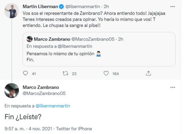 Liberman y Marco Zambrano protagonizaron una pelea en redes. Foto: Twitter