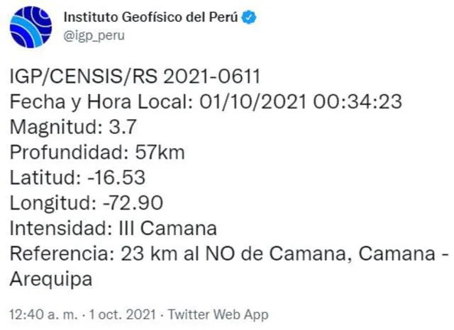Foto: Twitter Instituto Geofísico del Perú