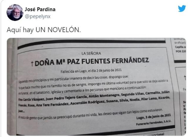 El tuit con el obituario de Doña María Paz, quien falleció en Lugo, España. Foto: Twitter.