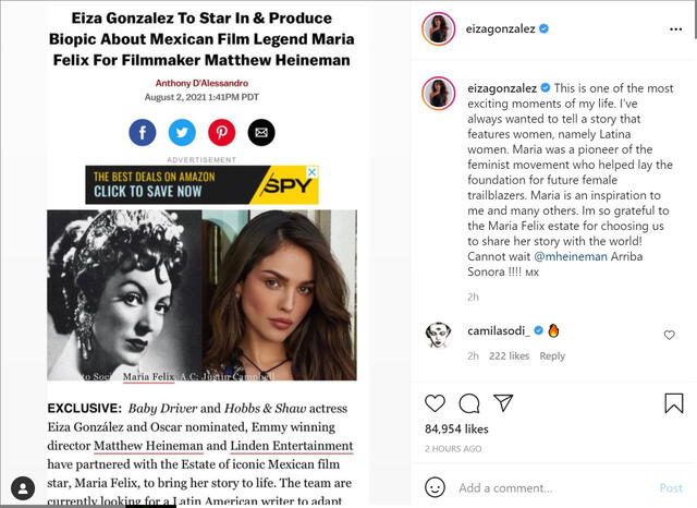 Eiza González confirmó la noticia a través de su cuenta en Instagram. Foto: Instagram/@eizagonzalez