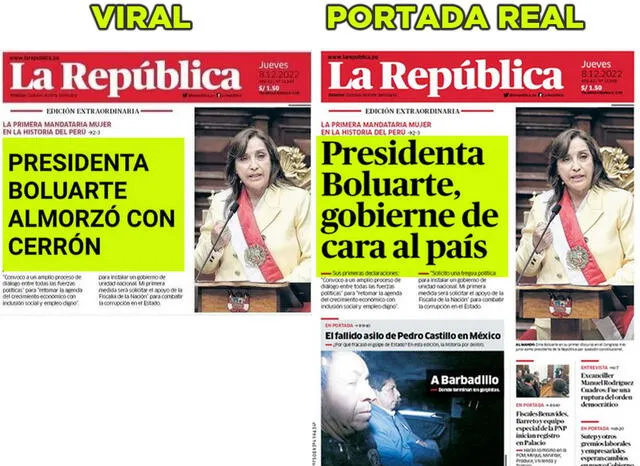 Portada apócrifa y portada real. Foto: capturas en Facebook / Twitter- La República.