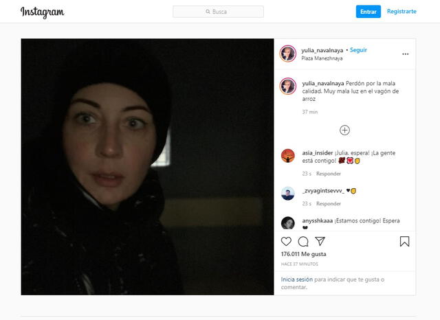 El mensaje de la esposa de Navalny traducido al español. Foto: captura de Instagram