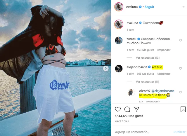 El comentario de Alejandro Sanz a Evaluna en Instagram.