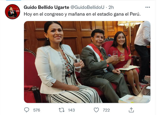 Bellido compartió una fotografía del presidente Pedro Castillo en el Congreso. Foto: Guido Bellido/ Twitter