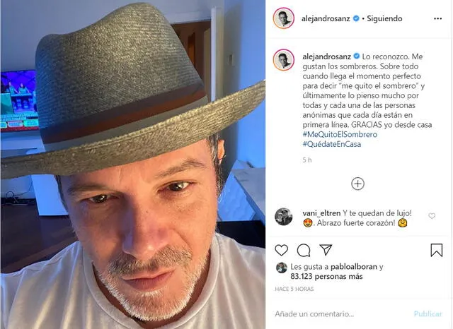 La publicación de Alejandro Sanz en Instagram. "Yo desde casa me quito el sombrero", dijo el cantante.