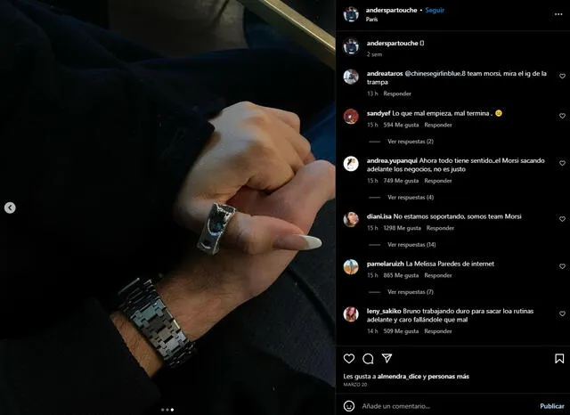 Anders Partouche compartió una imagen sosteniendo la mano de una mujer y usuarios indican que se trata de Carolina Braedt. Foto: captura de Instagram/Anders Partouche   