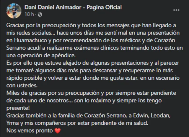  Animador de Corazón Serrano brinda comunicado sobre su salud. Foto: captura de Facebook   