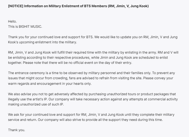  BIGHIT sobre el servicio militar de los BTS. Foto: captura Weverse de BTS.   