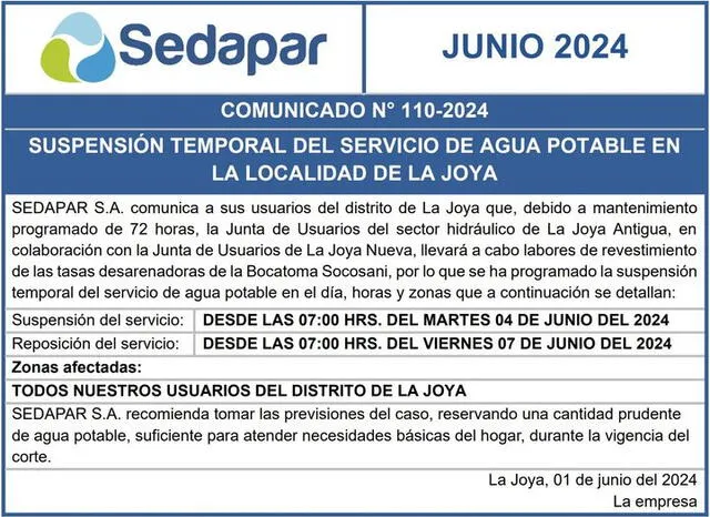 Sedapar anunció cortes en la zona de La Joya. Foto: Sedapar   