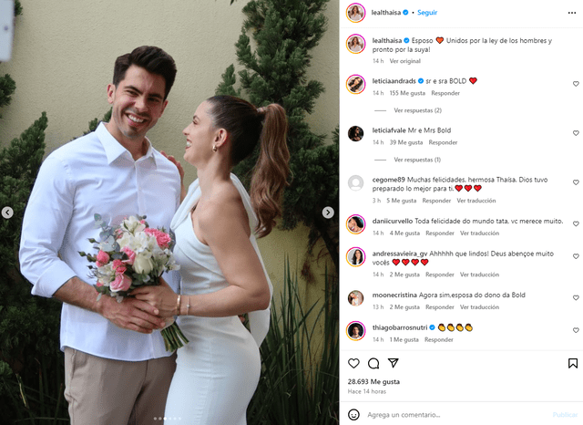  Thaísa Leal acompañada de su reciente esposo. Foto: Instagram/Thaísa Leal   