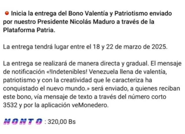 Anuncio del Primer Bono Especial de marzo 2025. Foto: Canal Patria Digital Anuncio del Primer Bono Especial de marzo 2025. Foto: Canal Patria Digital