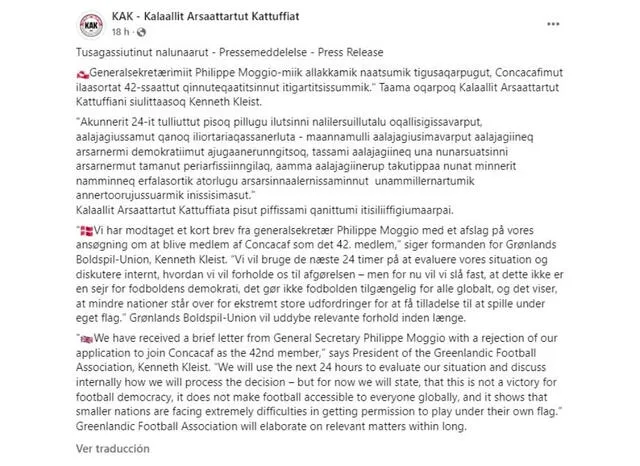 <em> Pronunciamiento de la Asociación de Fútbol de Groenlandia sobre la negativa de la Concacaf a su petición. Foto: KAK</em> <em> Pronunciamiento de la Asociación de Fútbol de Groenlandia sobre la negativa de la Concacaf a su petición. Foto: KAK</em>