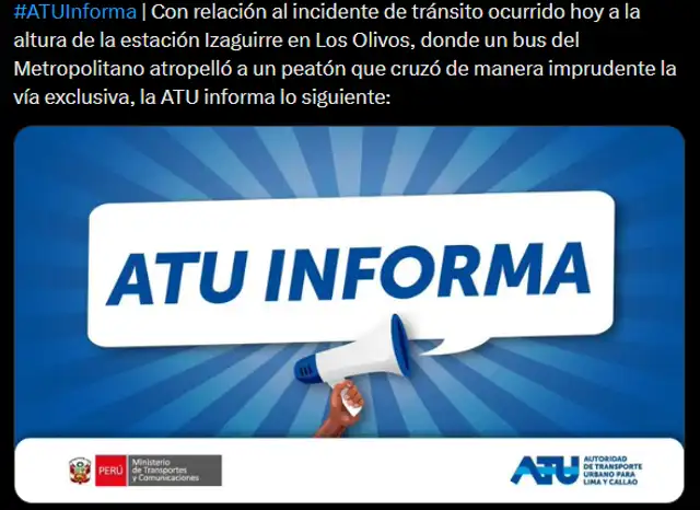 Comunicado de ATU sobre el accidente. Foto: ATU   