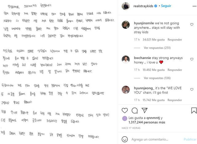 Stray Kids: Hyunjin escribió en Instagram y recibe apoyo de sus fans. Foto: IG
