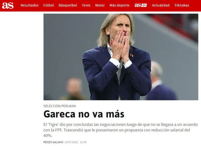 Diario AS de España sobre Ricardo Gareca. Foto: captura