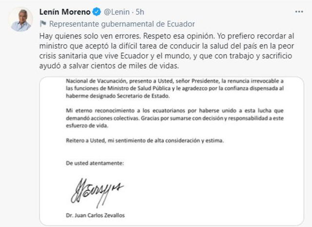 Moreno anuncia renuncia del ministro de Salud