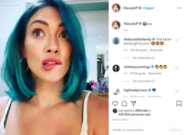 La publicación de Hilary Duff en Instagram que muestra su radical cambio de apariencia.