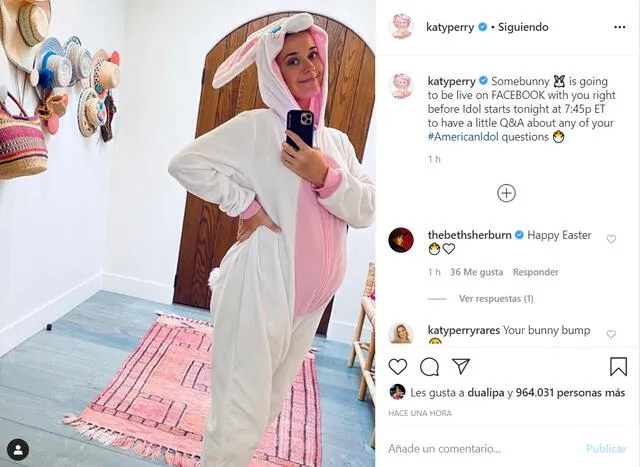 La publicación de Katy Perry en Instagram vistiendo un traje de conejo.