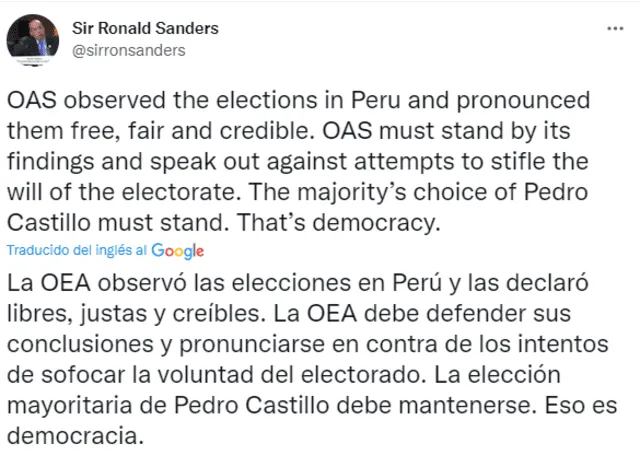 Pronunciamiento de Ronald Sanders - OEA. Foto: captura de Twitter