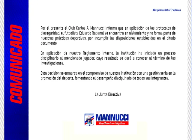Comunicado emitido por el club trujillano de Mannucci.