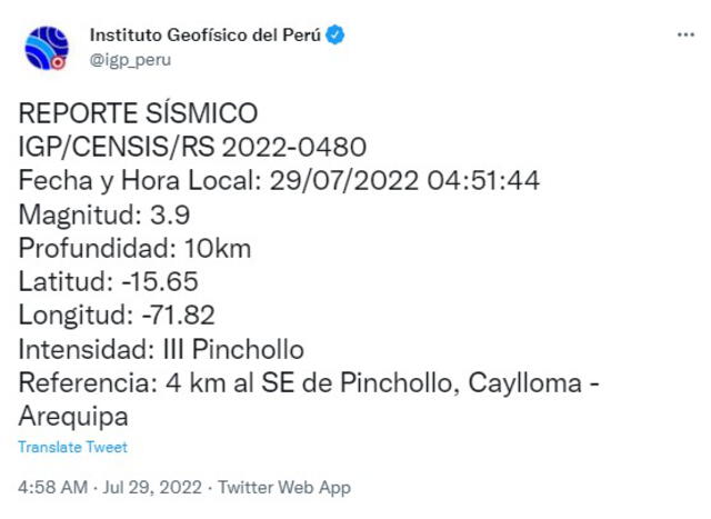 Datos del sismo en Arequipa. Foto: captura de Twitter @igp_peru