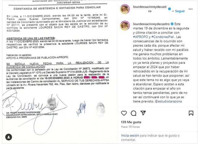  Constancia de invitación para conciliar. Foto: captura de Instagram/Lourdes Sacín    