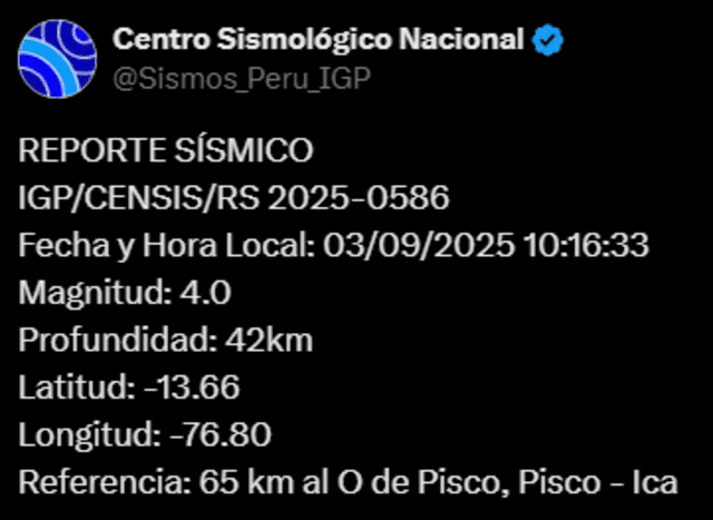 Epicentro del temblor en Perú. Foto: IGP   
