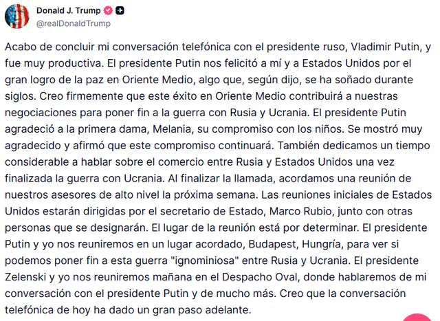  Publicación de Donald Trump en Truth Social.   
