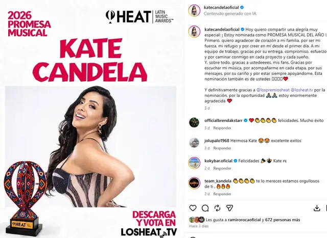 Kate Candela comparte su nominación con artistas de Latinoamérica, impulsando su carrera musical tras enfrentar problemas de salud recientemente. Kate Candela comparte su nominación con artistas de Latinoamérica, impulsando su carrera musical tras enfrentar problemas de salud recientemente.