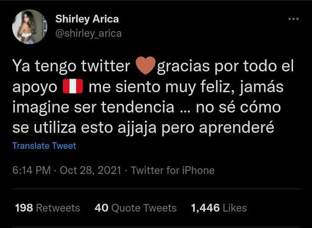 Shirley Arica se crea cuenta en Twitter. Foto: Shirley Arica/ Twitter