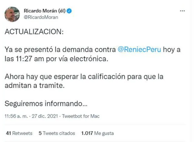 Ricardo Morán demanda a Reniec para poder inscribir a sus gemelos. Foto: captura de Twitter