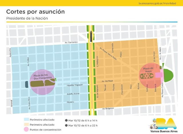 Mapa de desvíos por la asunción de Alberto Fernández. Fuente: Vamos Buenos Aires.
