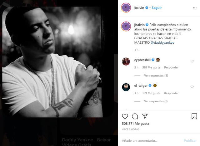 Mensaje de J Balvin a Daddy Yankee en Instagram
