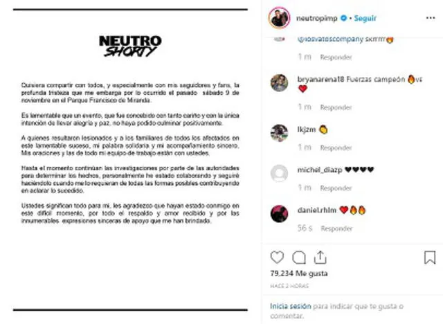 Comunicado de Neutro Shorty publicado en Instagram. Foto: captura de pantalla