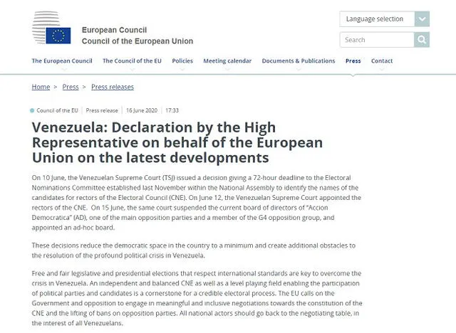 La declaración de la Unión Europea sobre Venezuela. Foto: captura