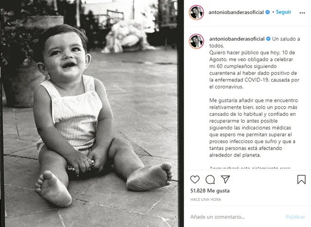 Antonio Banderas anuncia que tiene COVID-19. (Foto: captura Instagram)